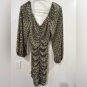 Dark green floral ruched dress, size M